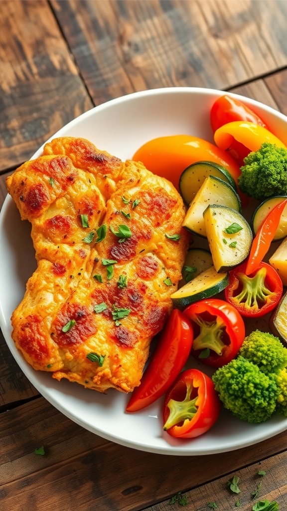 Air-fried chicken with a medley of colorful vegetables on a plate.